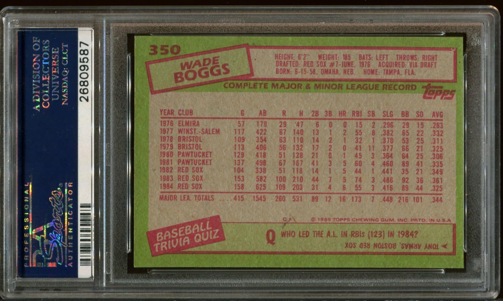 1985 Topps 350 Wade Boggs PSA 10 HOF 26809587 All Star Cards Inc