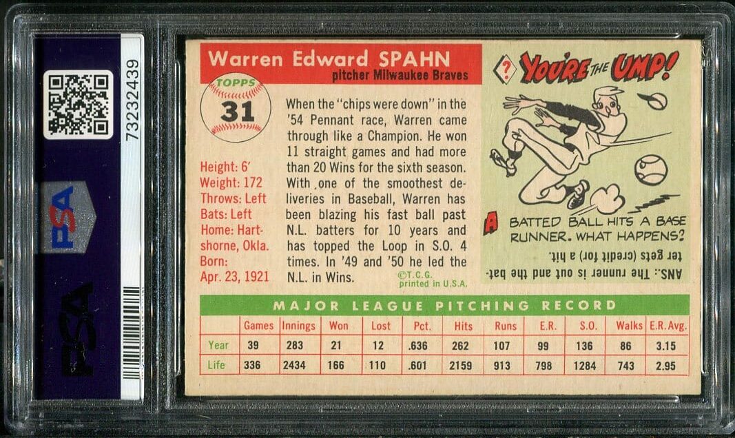 Topps Warren Spahn Psa Hof All Star Cards Inc