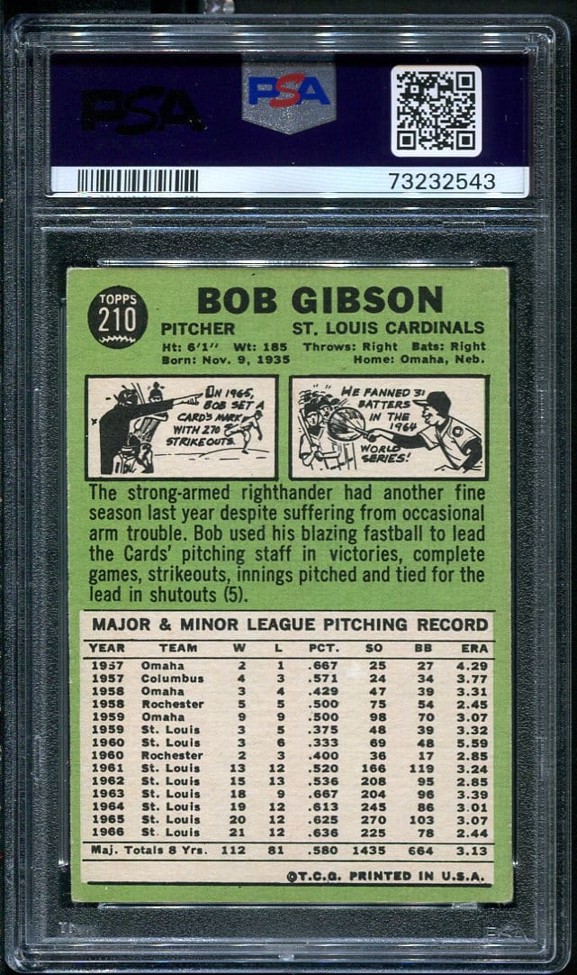 1967 Topps 210 Bob Gibson PSA 4 HOF 73232543 All Star Cards Inc