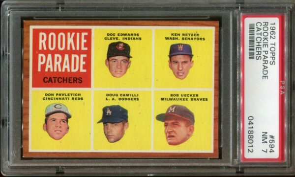 1962 Topps #594 Rookie Parade Bob Uecker RC PSA 7 (8012) - Image 2