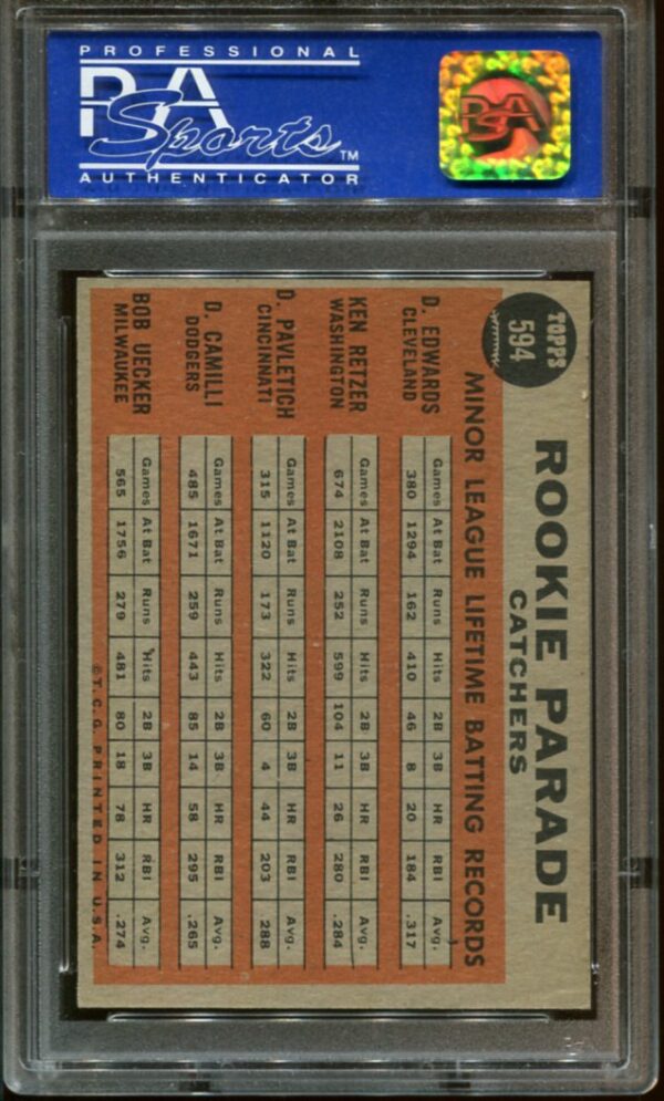 1962 Topps #594 Rookie Parade Bob Uecker RC PSA 7 (8012) - Image 3