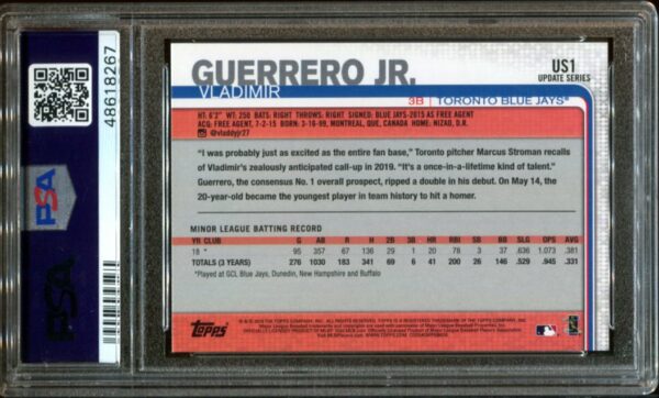 2019 Topps Update #US1 Vladimir Guerrero, Jr. RC (Throwing) PSA 10 (48618267) - Image 3