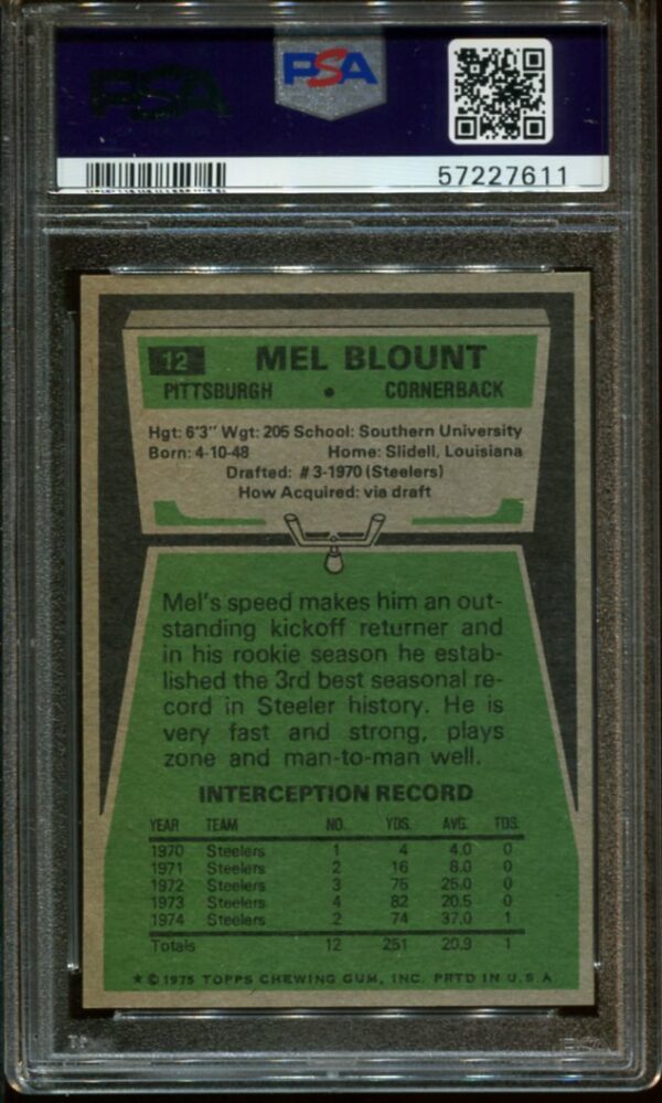 1975 Topps #12 Mel Blount RC PSA 8 HOF 7611 - Image 2