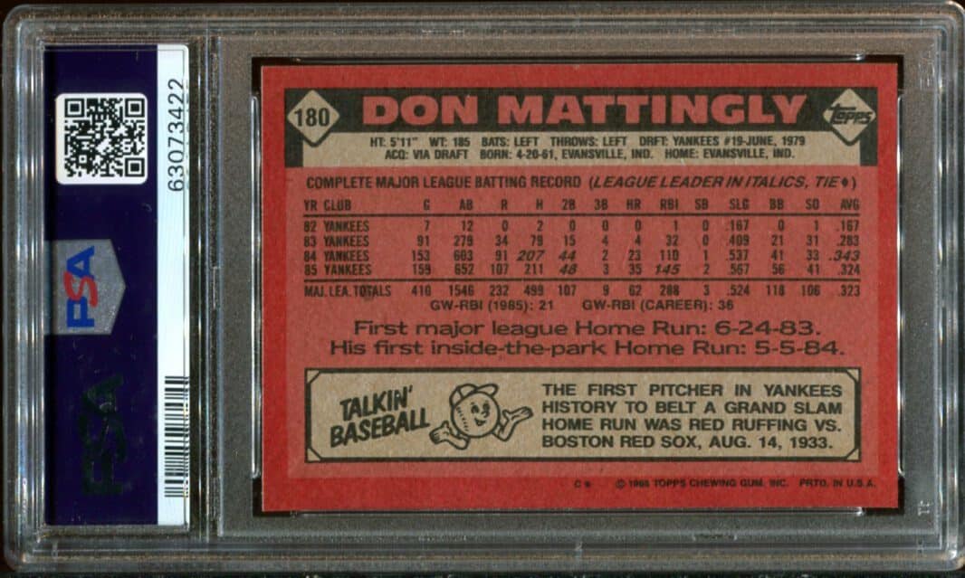 1986 Topps #180 Don Mattingly PSA 9 (63073422) - All Star Cards Inc