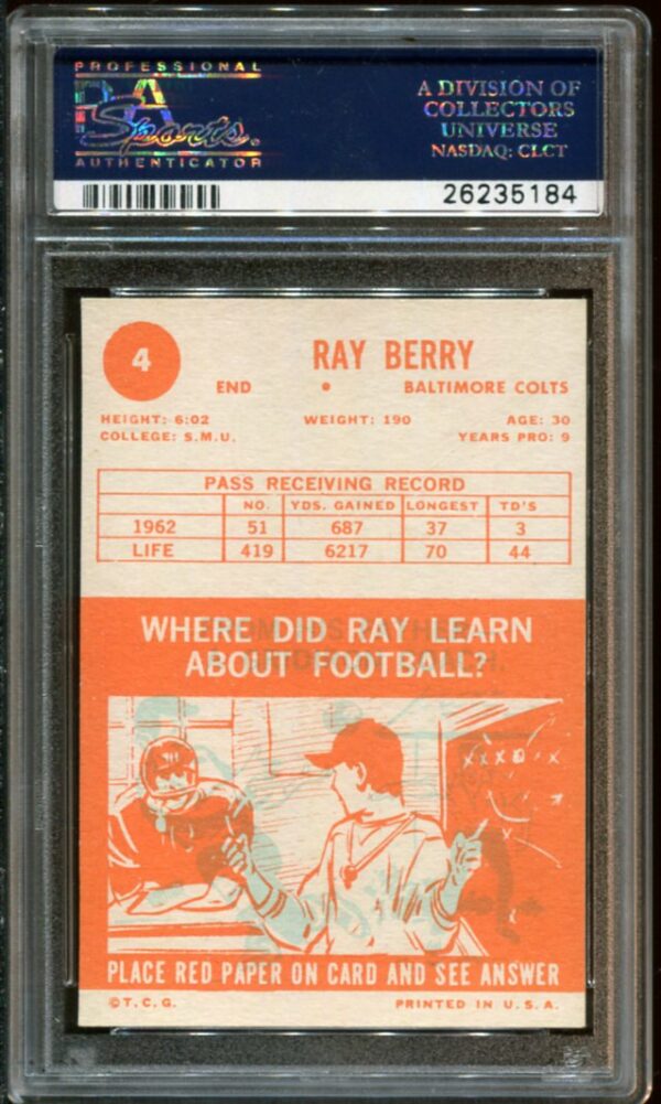 1963 Topps #4 Raymond Berry PSA 7 HOF (26235184) - Image 2