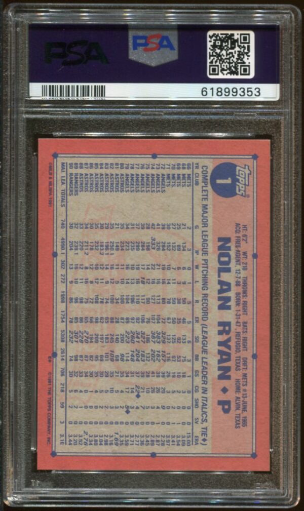 1991 Topps #1 Nolan Ryan PSA 9 (61899353) - Image 2