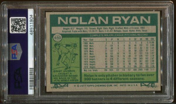 1977 Topps #650 Nolan Ryan PSA 7 HOF (48911904) - Image 3