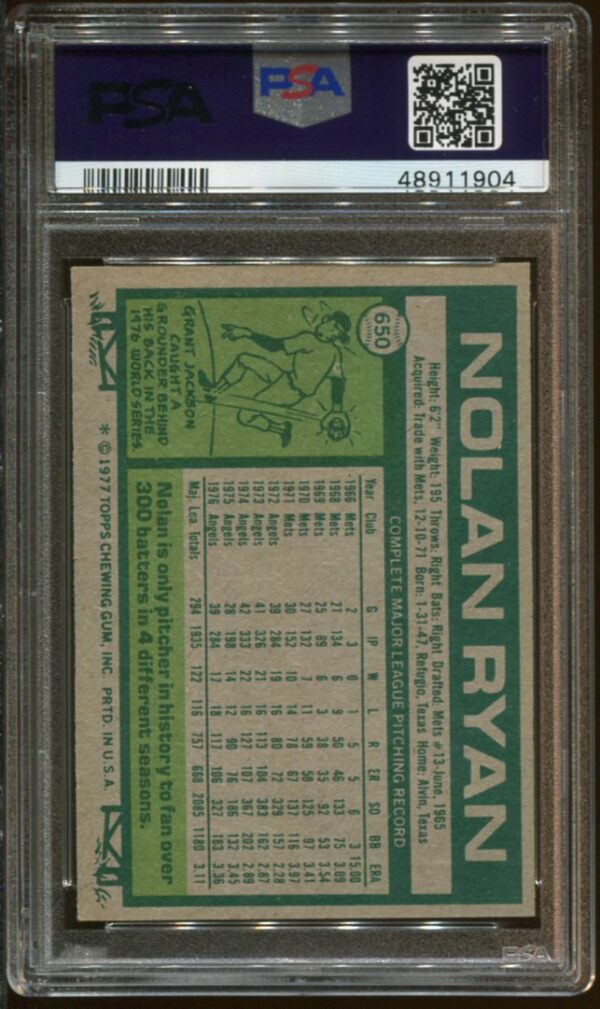 1977 Topps #650 Nolan Ryan PSA 7 HOF (48911904) - Image 2