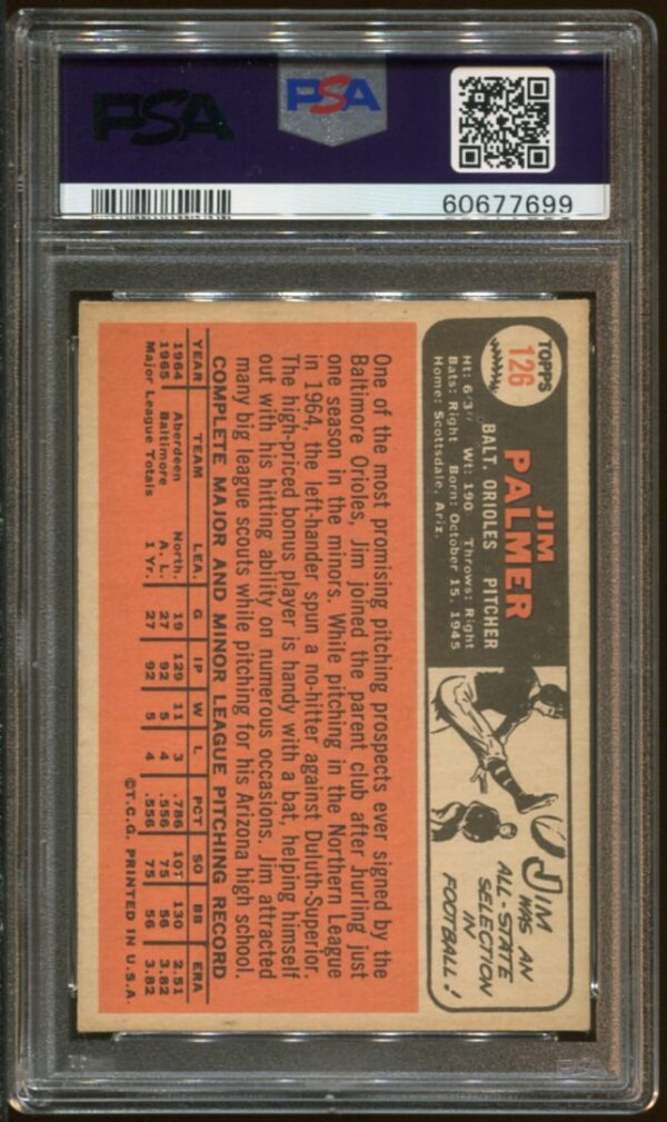 1966 Topps #126 Jim Palmer RC PSA 4 HOF (60677699) - Image 2