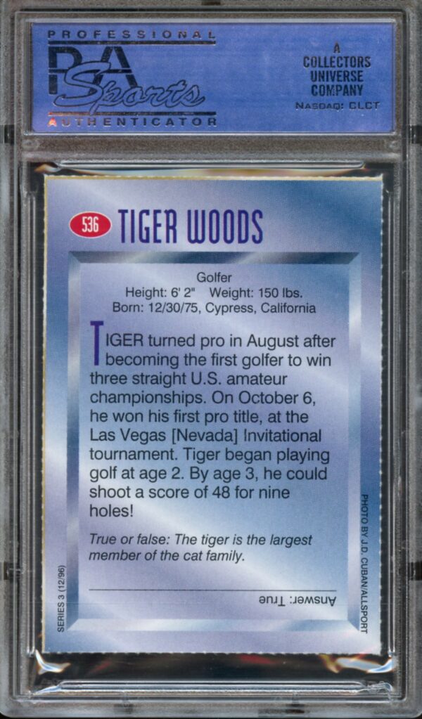 1996 Sports Illustrated for Kids Tiger Woods RC #536  PSA 8  (11017210) - Image 2