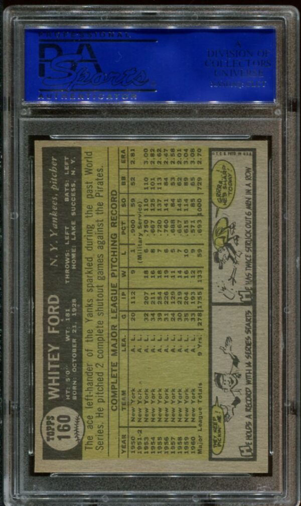 1961 Topps #160 Whitey Ford PSA 7 HOF (12056614) - Image 2