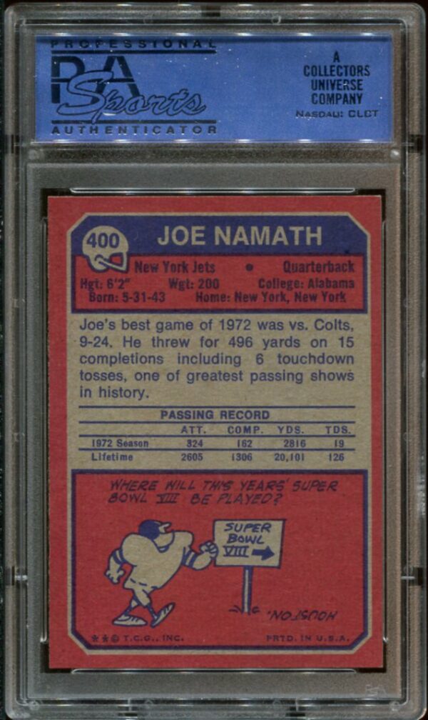 1973 Topps #400 Joe Namath PSA 8 HOF (11187566) - Image 2