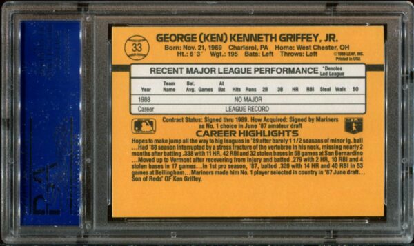 1989 Donruss #33 Ken Griffey, Jr. RC PSA 10 HOF (14196034) - Image 3