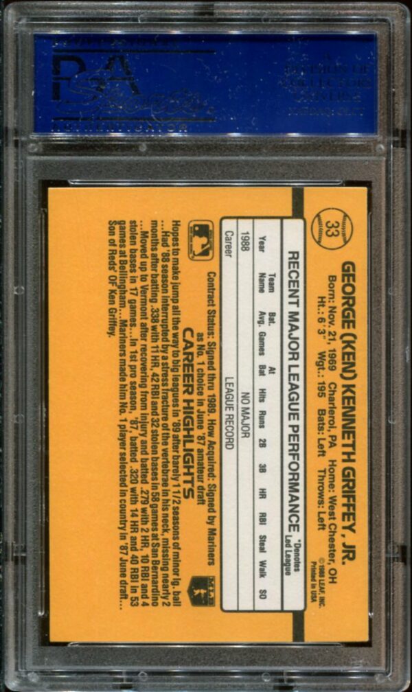 1989 Donruss #33 Ken Griffey, Jr. RC PSA 10 HOF (14196034) - Image 2