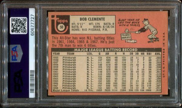 1969 Topps #50 Roberto Clemente PSA 4 HOF (60677727) - Image 3