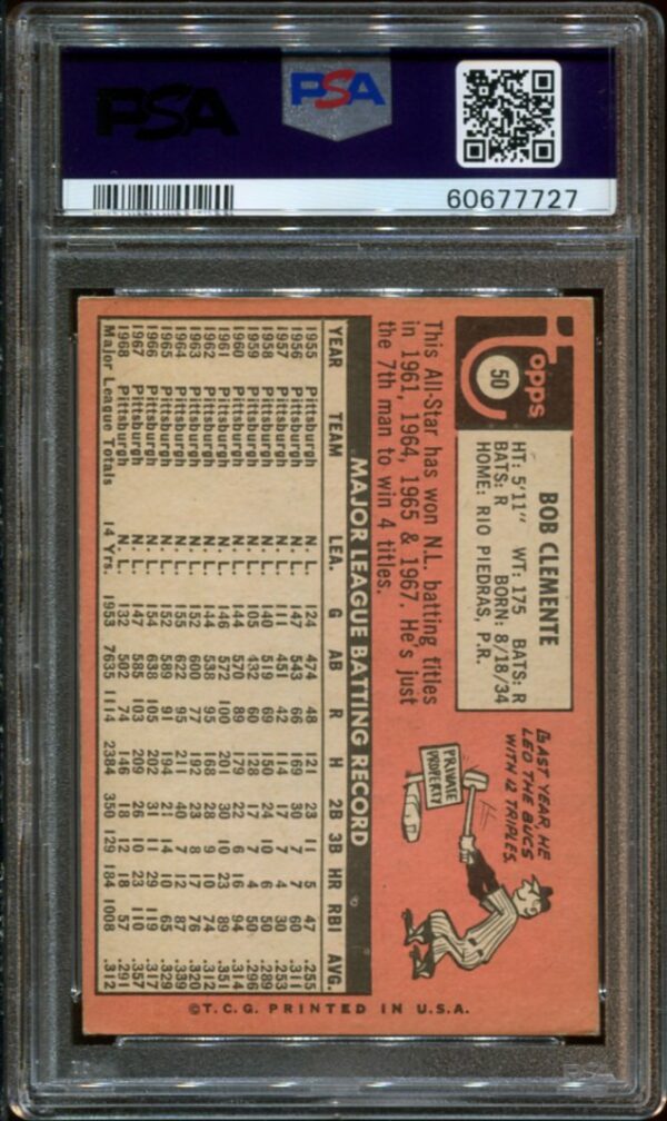 1969 Topps #50 Roberto Clemente PSA 4 HOF (60677727) - Image 2