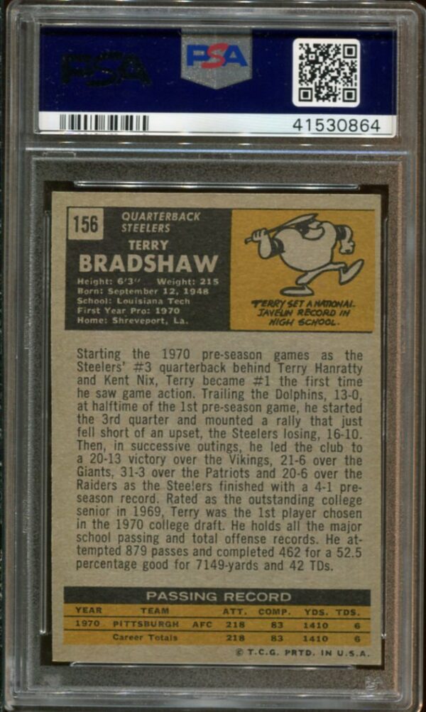 1971 Topps #156 Terry Bradshaw RC PSA 7 HOF (41530864) - Image 2