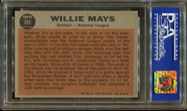 1962 Topps #395 Willie Mays All Star PSA 8 HOF (05082607) - Image 3