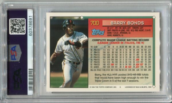 1994 Topps #700 Barry Bonds PSA 8 (60378691) - Image 3