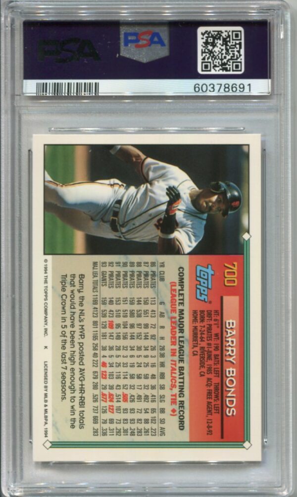 1994 Topps #700 Barry Bonds PSA 8 (60378691) - Image 2