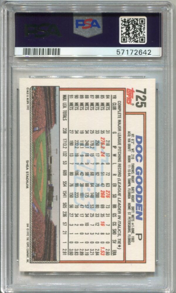 1992 Topps #725 Dwight "Doc" Gooden PSA 9 (57172642) - Image 2