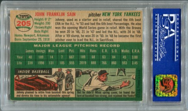 1954 Topps #205 Johnny Sain PSA 7 (05188975) - Image 3