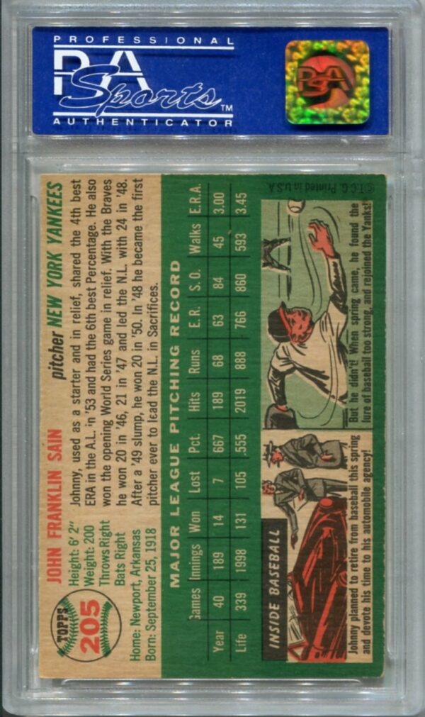 1954 Topps #205 Johnny Sain PSA 7 (05188975) - Image 2