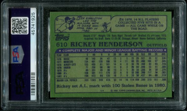 1982 Topps #610 Rickey Henderson PSA 10 HOF (45741925) - Image 3