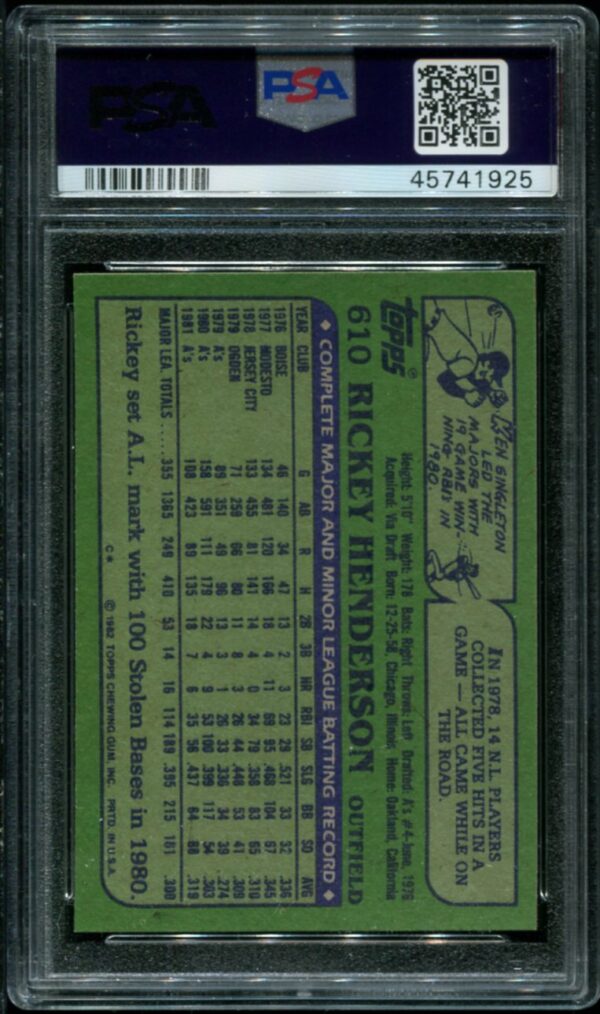 1982 Topps #610 Rickey Henderson PSA 10 HOF (45741925) - Image 2