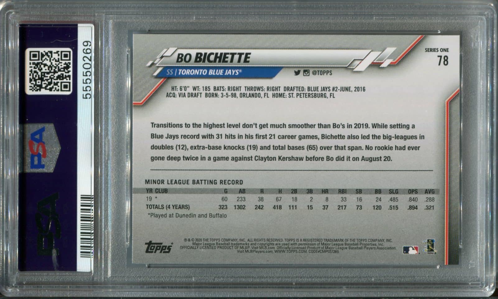 2020 Topps #78 Bo Bichette Rookie Psa 10 - Website Exclusive Price 