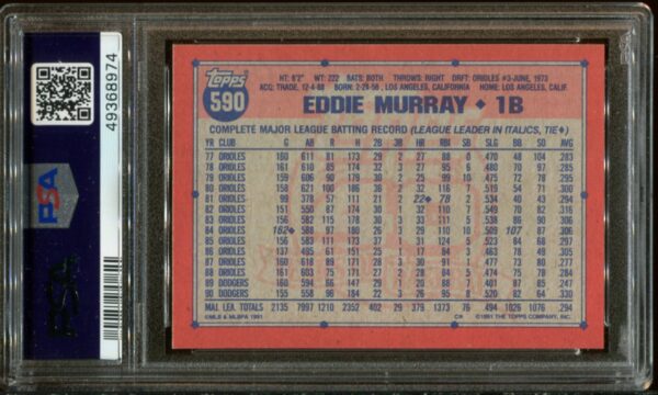 1991 Topps #590 Eddie Murray PSA 10 HOF (49368974) - Image 3