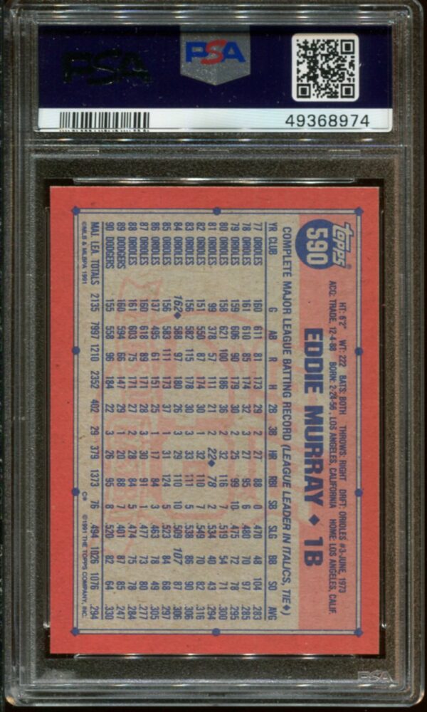 1991 Topps #590 Eddie Murray PSA 10 HOF (49368974) - Image 2