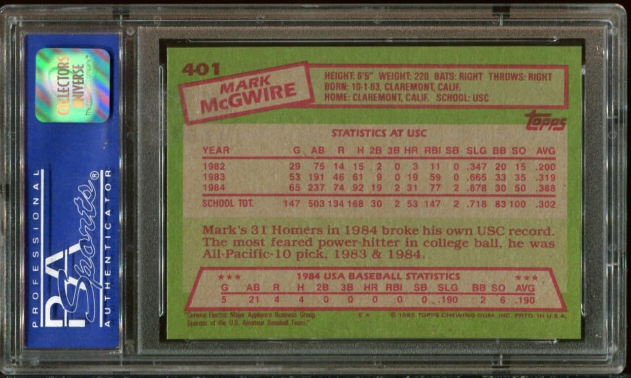 Mark Mcgwire Rookie Card 1985 Topps #401 PSA 9