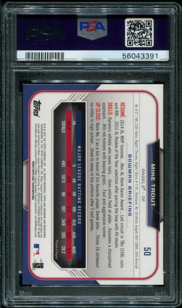 2015 Bowman #50 Mike Trout PSA 9 (56043391) - Image 2