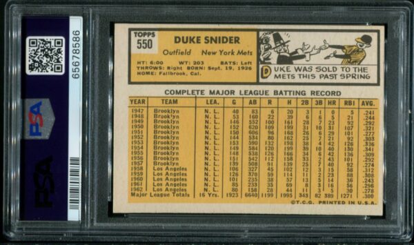 1963 Topps #550 Duke Snider PSA 6 HOF (65678586) - Image 3