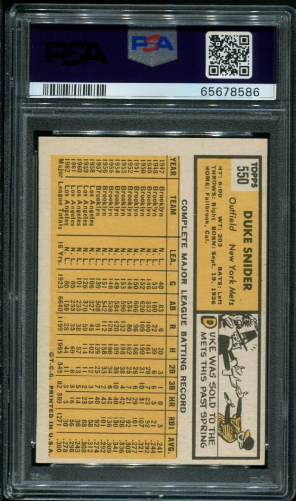 1963 Topps #550 Duke Snider PSA 6 HOF (65678586) - Image 2