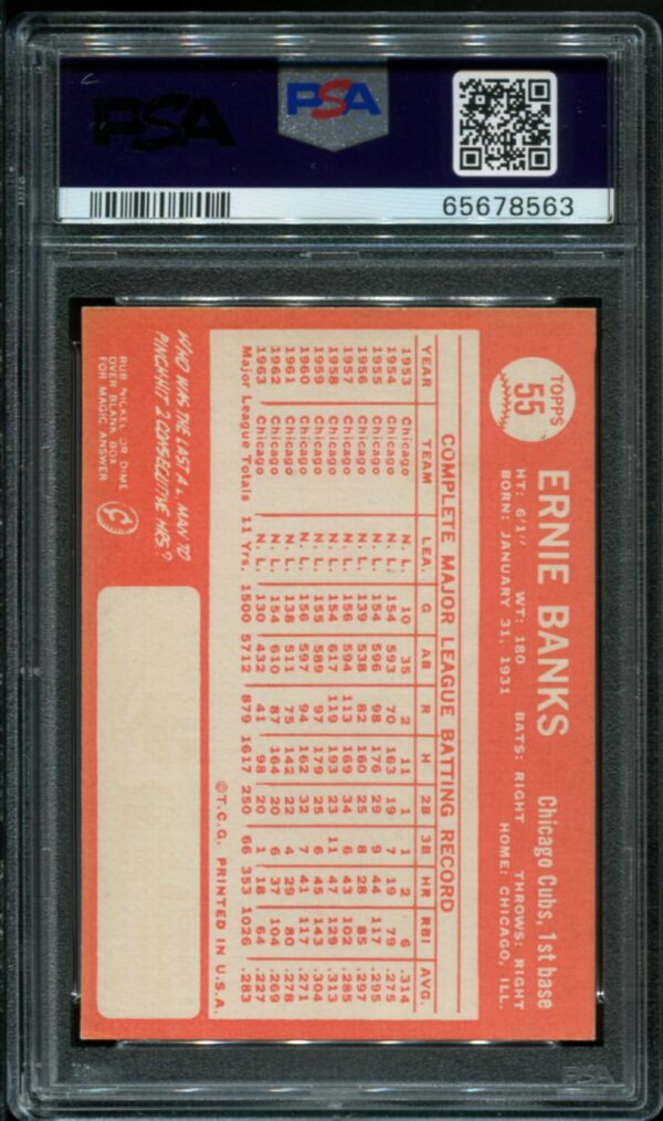 1964 Topps #55 Ernie Banks PSA 7 HOF (65678563) - Image 2