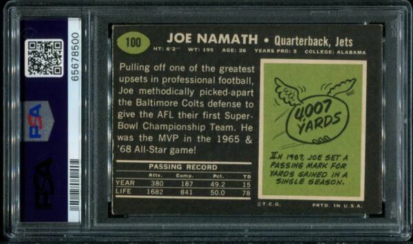 1969 Topps #100 Joe Namath PSA 5 HOF (65678500) - Image 3