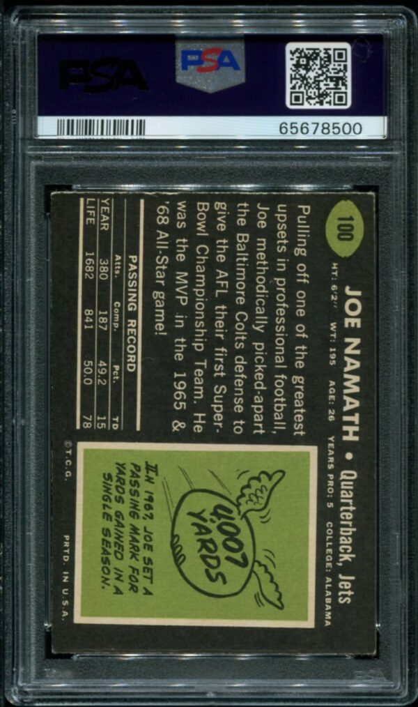 1969 Topps #100 Joe Namath PSA 5 HOF (65678500) - Image 2