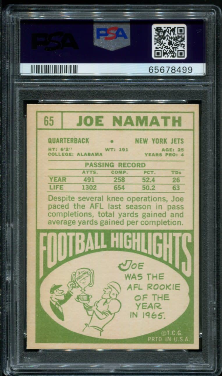 1968 Topps #65 Joe Namath PSA 6 HOF (65678499) - All Star Cards Inc