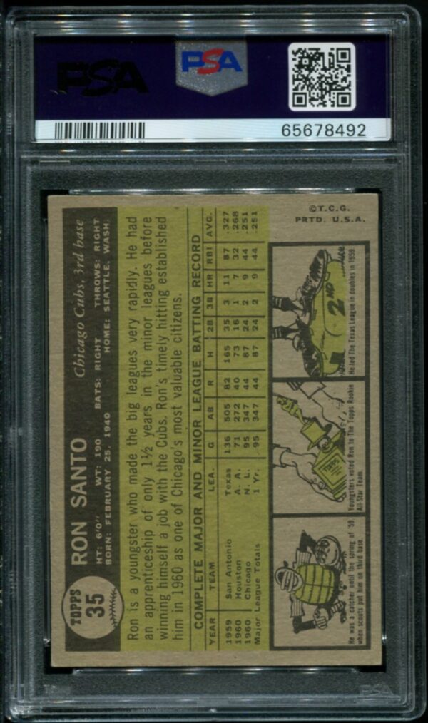 1961 Topps #35 Ron Santo RC PSA 5 HOF (65678492) - Image 2