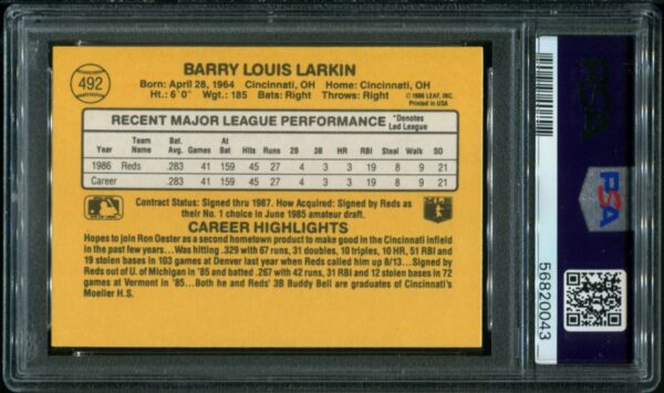 1987 Donruss #492 Barry Larkin PSA 8 HOF (56820043) - Image 3