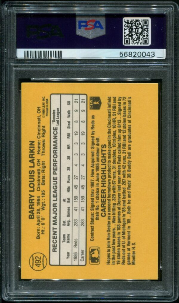 1987 Donruss #492 Barry Larkin PSA 8 HOF (56820043) - Image 2