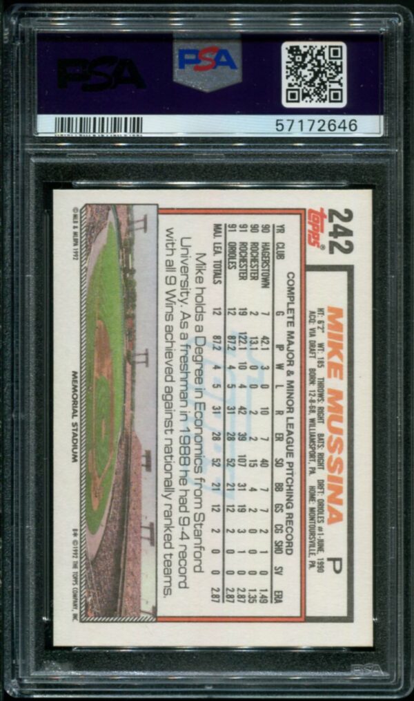 1992 Topps #242 Mike Mussina PSA 9 HOF (57172646) - Image 2