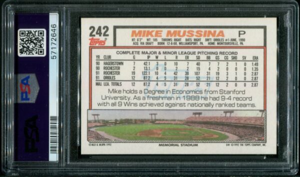 1992 Topps #242 Mike Mussina PSA 9 HOF (57172646) - Image 3