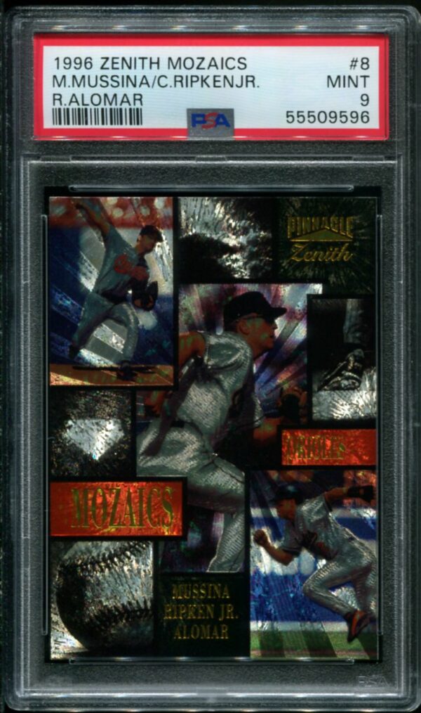 1996 Zenith Mosaics #8 Cal Ripken, Jr., Mike Mussina, Roberto Alomar PSA 9 HOF (55509596)