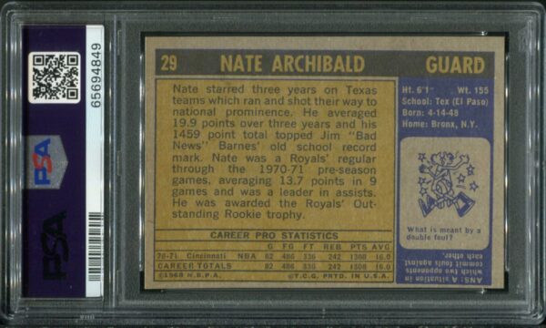 1971 Topps #29 Nate Archibald RC PSA 7 HOF (65694849) - Image 3