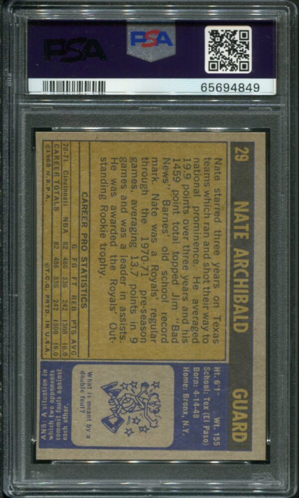 1971 Topps #29 Nate Archibald RC PSA 7 HOF (65694849) - Image 2