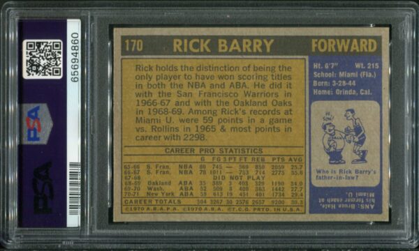 1971 Topps #170 Rick Barry RC PSA 7 HOF (65694860) - Image 3