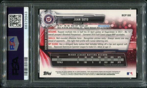 2017 Bowman Chrome Prospects #BCP180 Juan Soto RC PSA 9 (68379943) - Image 3